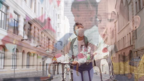 woman wearing face mask with bicycle walking against girl blowing candles on cake