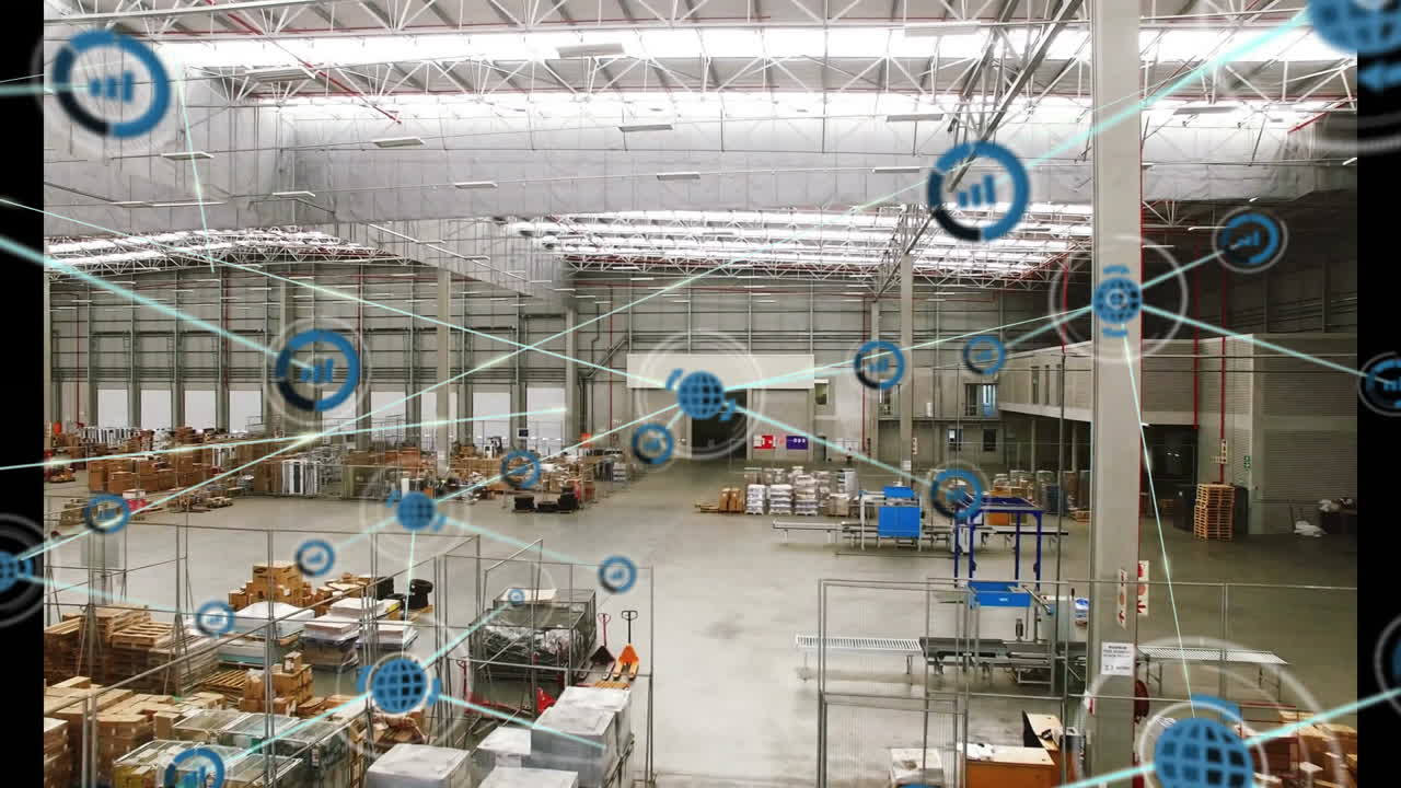 Network of connections and data processing animation over warehouse interior