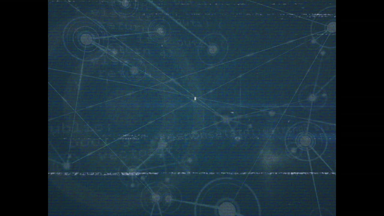 Animation of screen with digital interface, network of connections and data processing with glitch