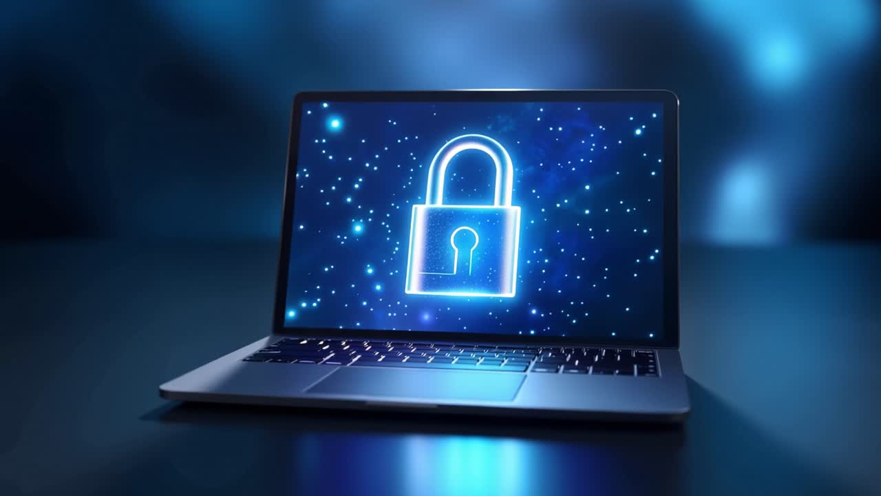 Digital Security Transition: From Locked to Unlocked State Featuring a Laptop with a Futuristic Padlock Graphic Against a Dark Background