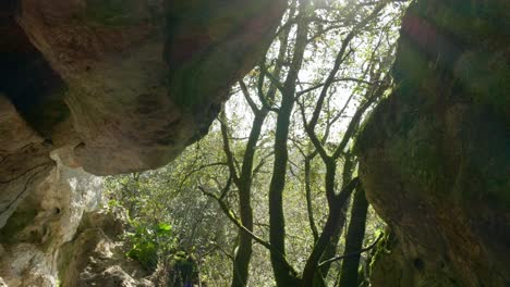 Travelling-in-a-cave-in-the-Dordogne,-in-the-middle-of-the-forest-of-Campagne,-France