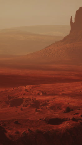 a desolate, martian landscape with a rocky, red-tinted canyon