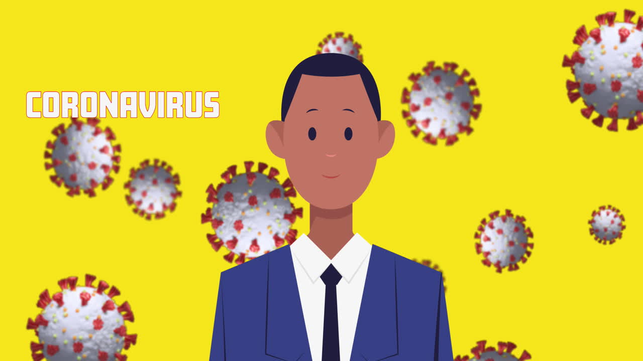 hombre con máscara y traje sobre células de coronavirus.
