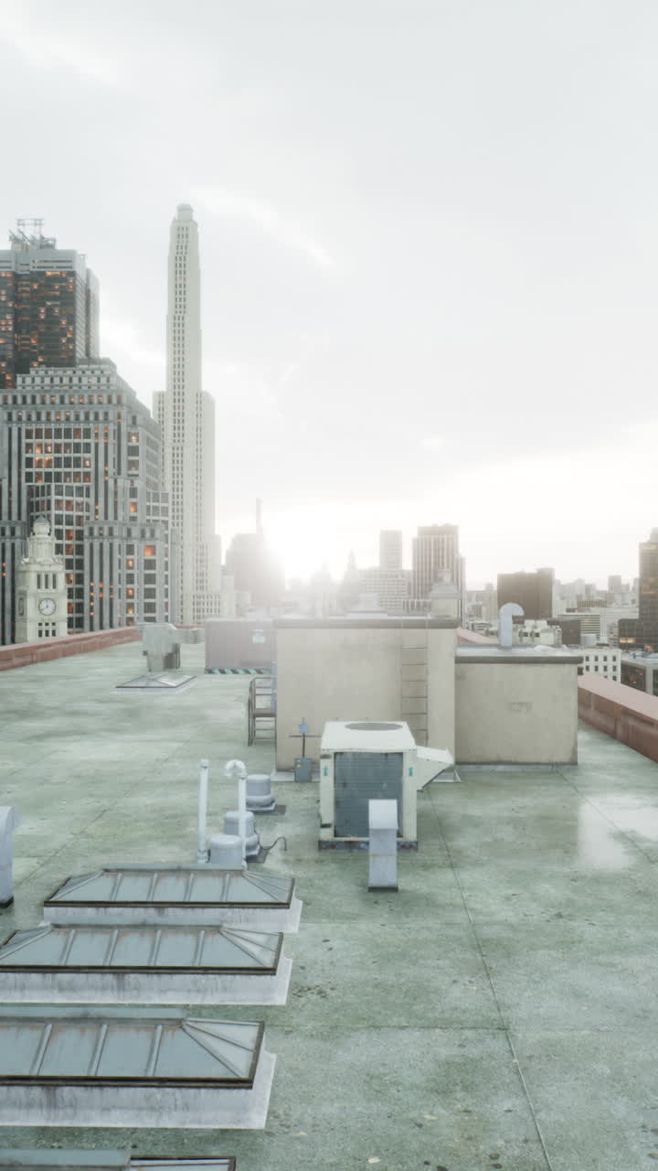 A rooftop view of a city skyline on a foggy day