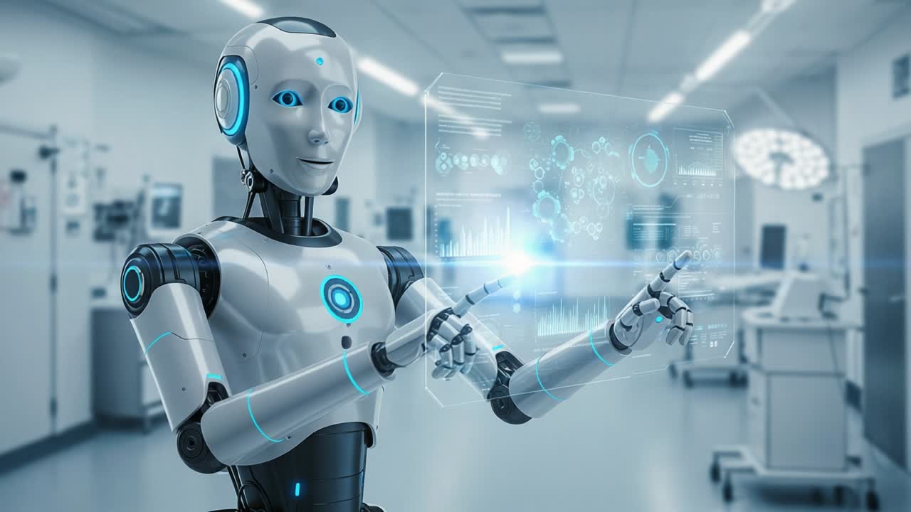 Advanced Robotic Healthcare Assistant Demonstrating Data Interaction in a Modern Medical Environment with High-Tech Interfaces and Interactive Displays