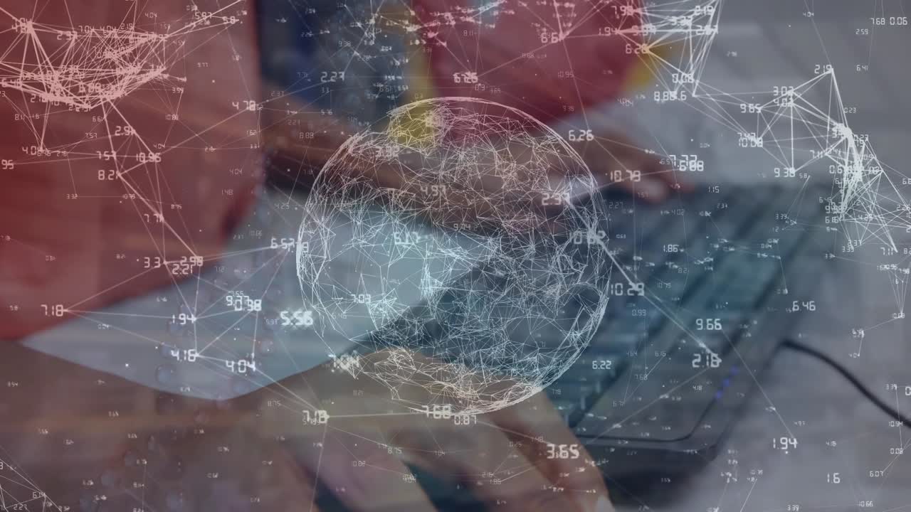 Animation of globe with network of connections over laptop