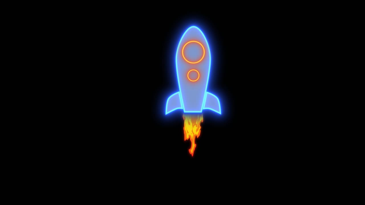 Un razzo blu neon incandescente sale su uno sfondo nero, con finestre illuminate di arancione e scie di scarico infuocate sottostanti. Animazione