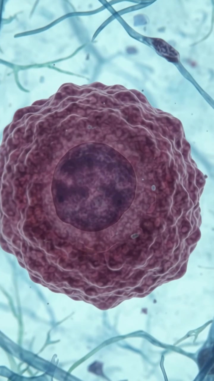 Vista microscopica di una cellula tumorale circondata da neuroni