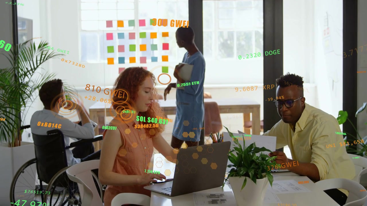 Vertical video: Redhead lead typing laptop causing green orange AR charts while tech team planning