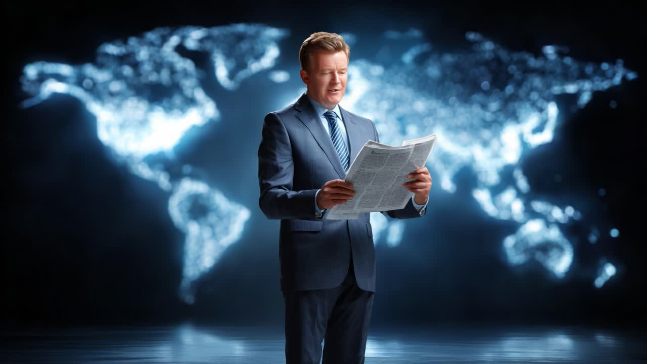 En profesjonell mann i dress engasjerer seg med en avis mot en høyteknologisk verdenskartbakgrunn, som illustrerer global tilkobling og informasjonsdeling