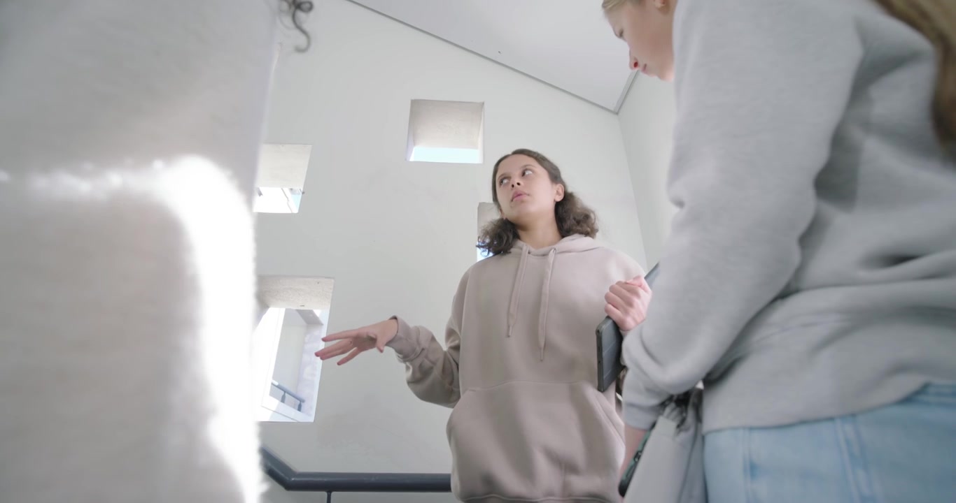 Monipuolinen ryhmä teinityttöjä nousee portaita saavuttaen tasanteen, edellä kulkeva pitää kansiota, elehtii ja selittää suunnitelmaa.