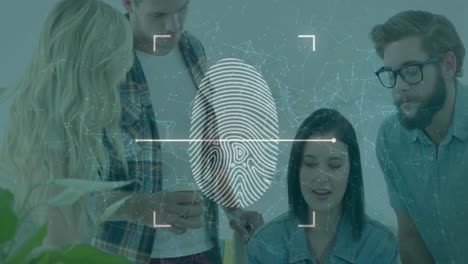 fingerprint scanning animation over diverse group of people collaborating in office