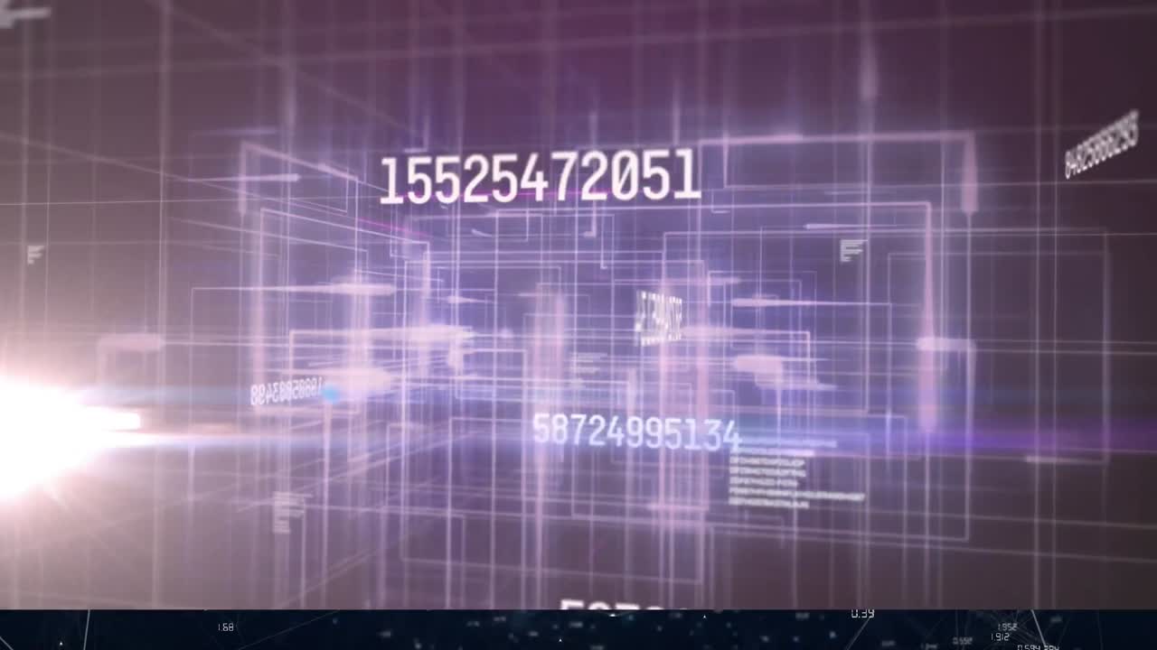 Animation of numbers changing over glowing light over grid on purple background