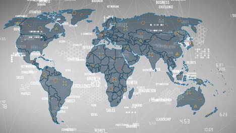 animation of network of connections with texts over world map and white background