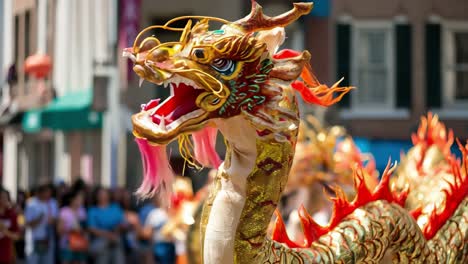 traditional chinese golden dragon adorned with vibrant red and pink decorations parading through city streets during lively lunar new year celebrations, captivating crowds with its ornate design