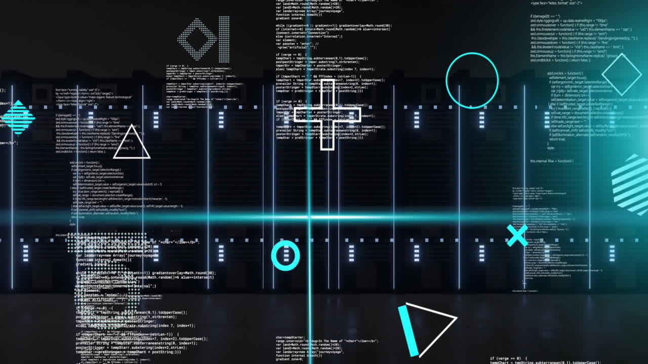Animation of rotating shapes and blue scanner beams over data processing on black background