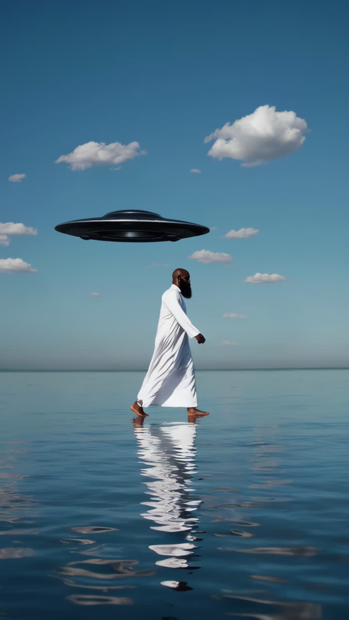 Uomo che cammina sull'acqua con un UFO