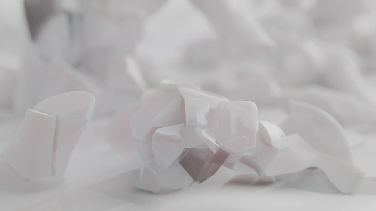 Crushed android shells on spikes on a foggy, white junkyard