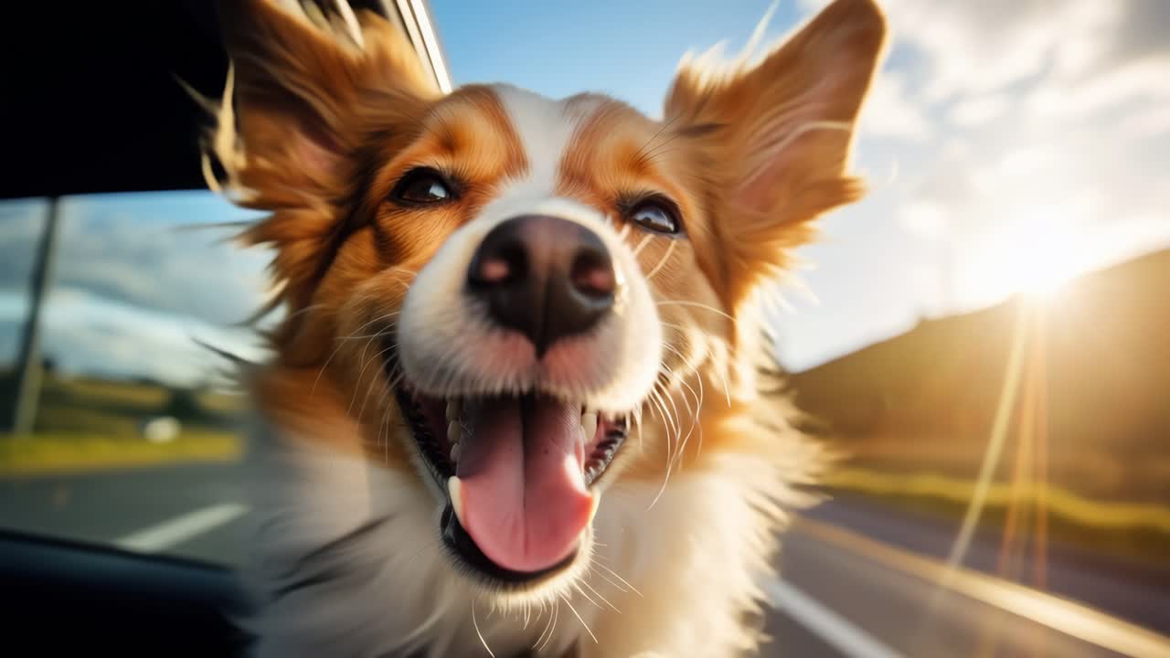 Rüzgarda kulakları çırpınan neşeli bir köpeğin yakın çekimi, düşük bir açıdan yakalandı