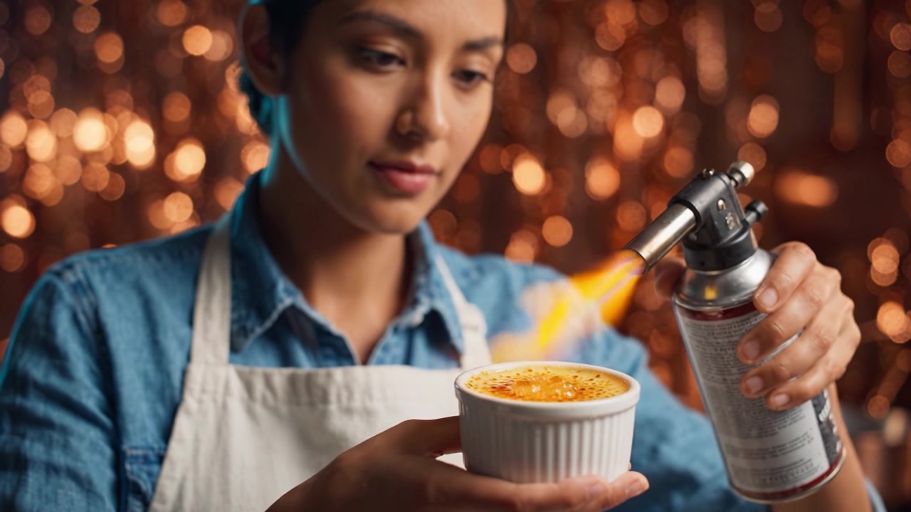 Uno chef esperto caramella la parte superiore di un delizioso dessert con un cannello da cucina in un ambiente culinario caldo e suggestivo, illuminato da luci scintillanti