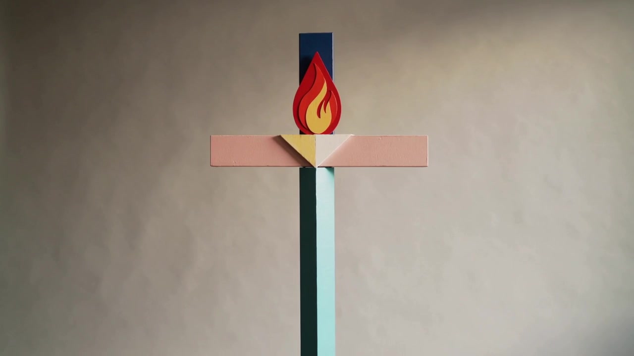Camera zooming in, narrowing studio view, teal post with bar and red flame, lighting casting shadow