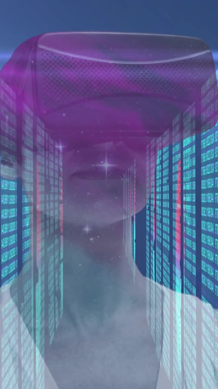 Animation of caucasian woman with vr headset over binary coding