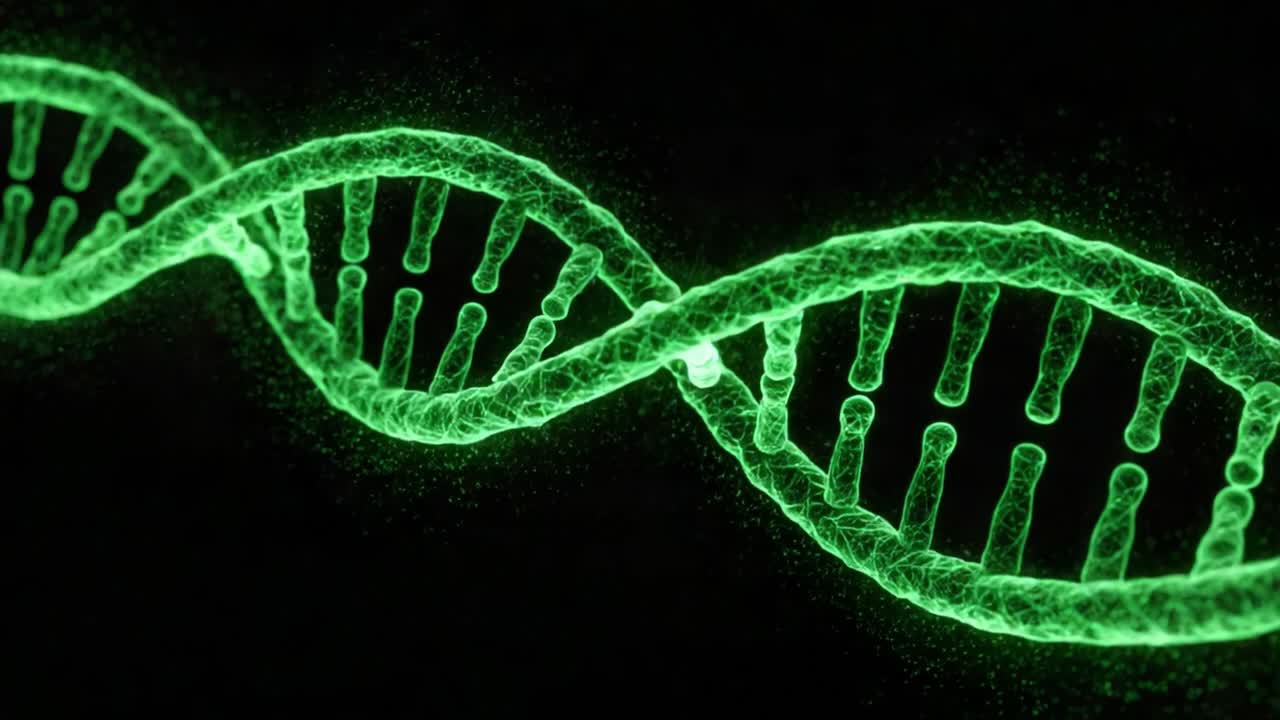 Intricate Visualization of DNA Helix with Glowing Green Properties, Highlighting the Essential Building Blocks of Life in a Stunning Digital Representation