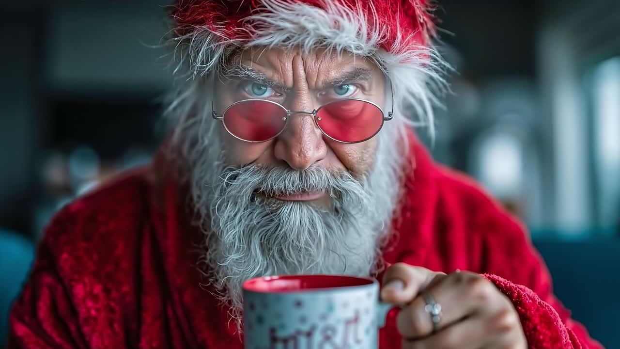 A man in a santa claus outfit holding a cup of coffee