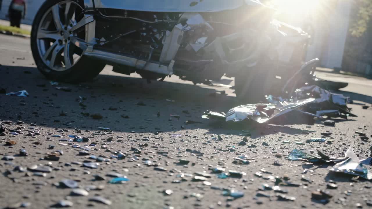 Low-angle shot of a car crash scene with debris scattered on the road, capturing the aftermath