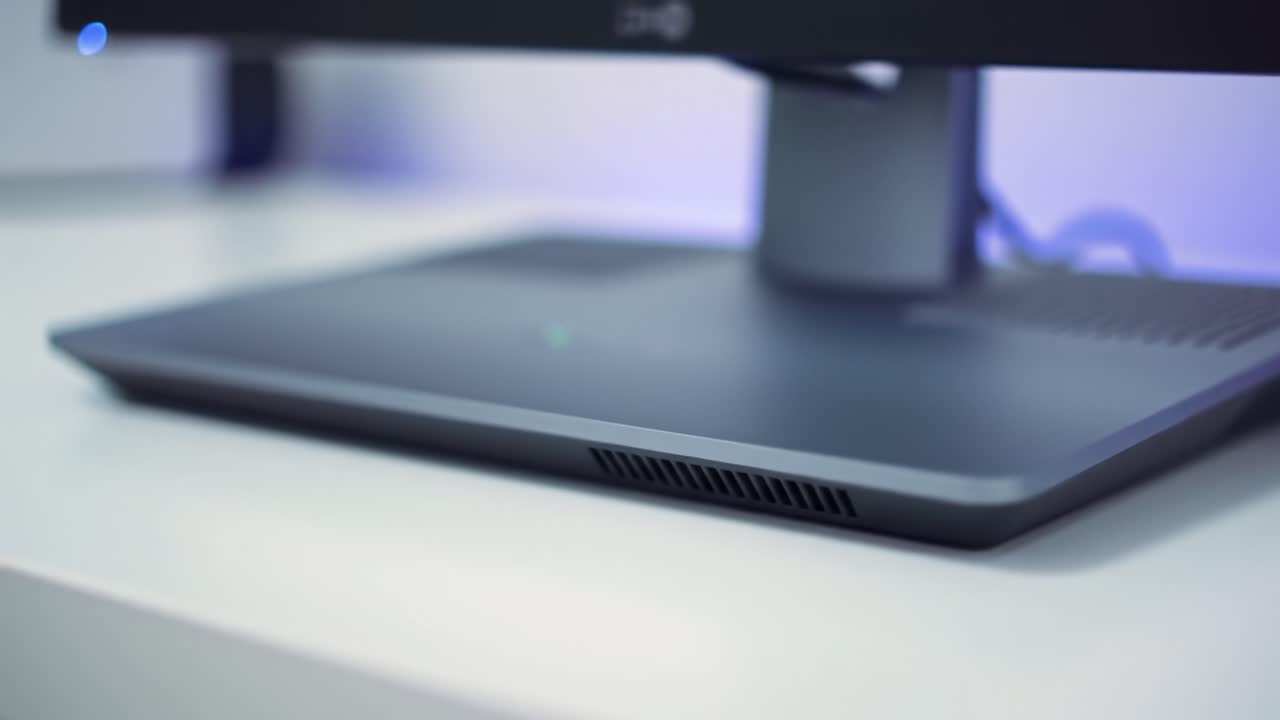 A Close-Up View of a Modern Computer Monitor Base on a Sleek Workspace Desk, Showcasing Innovative Design and Functionality in a Minimalistic Setting