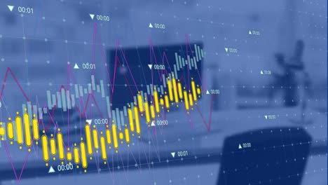 Animation-of-statistics-and-financial-data-processing-over-desk-in-office