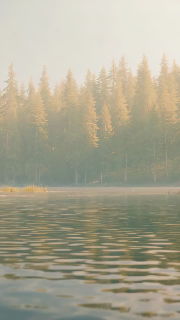 Vertical video: Low sunlight stirring ripples across lake by pine treeline, shore mist glowing