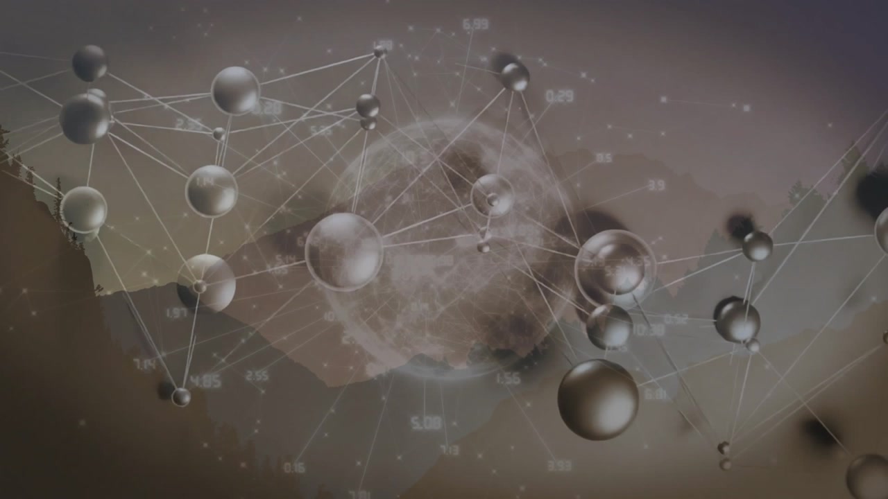 Network of spheres entering frame, growing while drifting, detaching, rejoining for data view