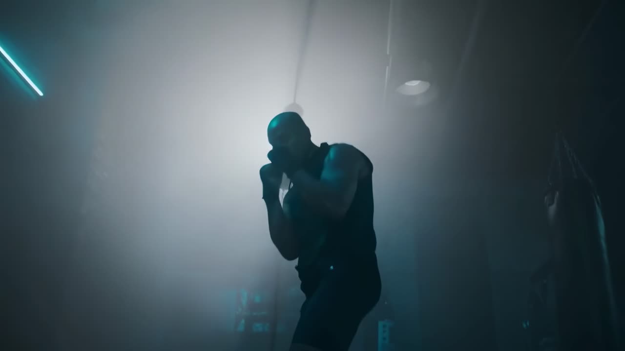 Low-angle video shot of a boxer training in a dimly lit gym, highlighting intensity