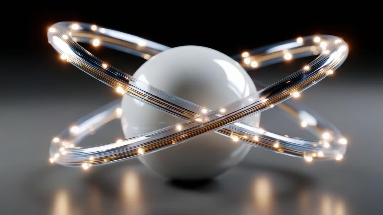 An artistic representation showcasing a stylized atom with a white spherical nucleus and luminous rings encircling it, symbolizing the complexity and beauty of atomic structure and energy in a visually captivating manner