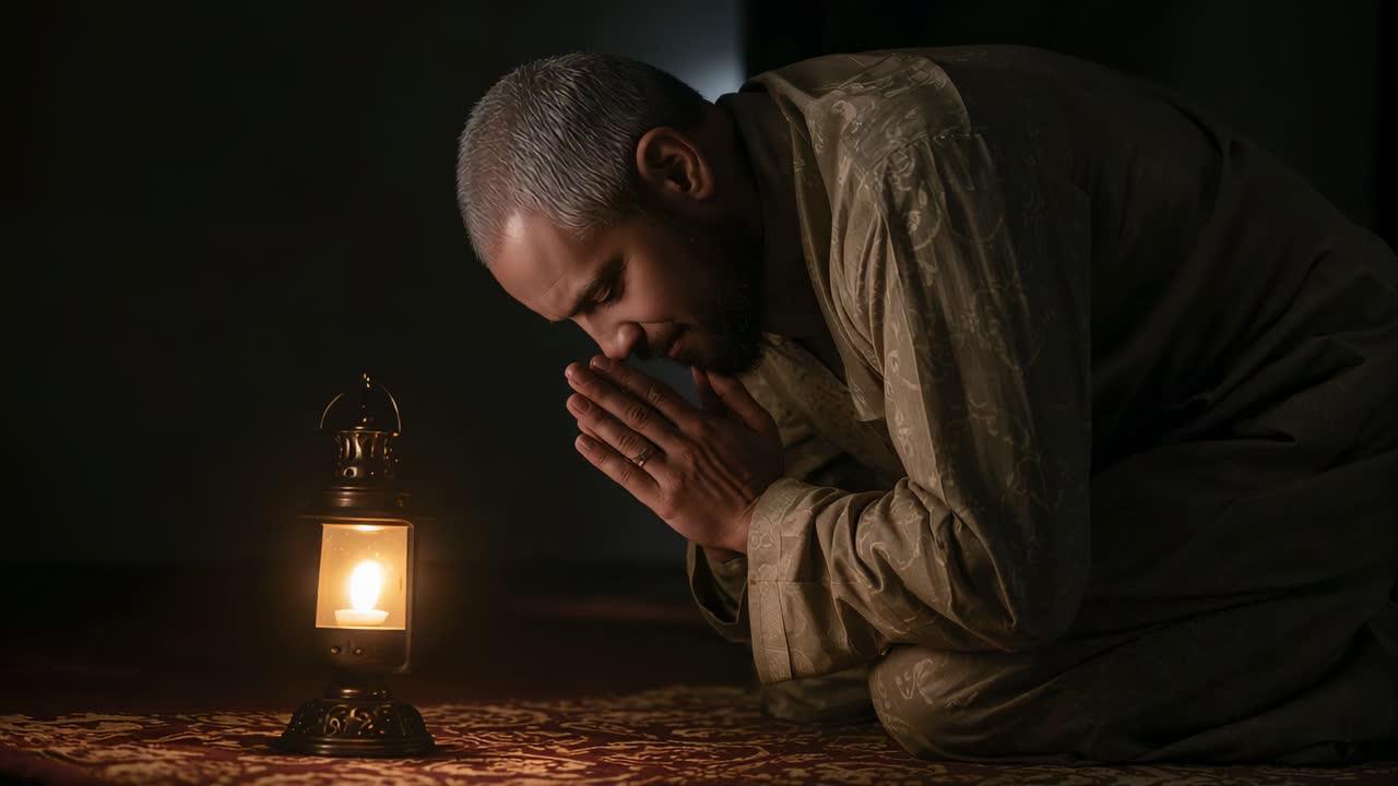 Kneeling man in robe praying near brass lantern on prayer rug as flame flickering, copy space