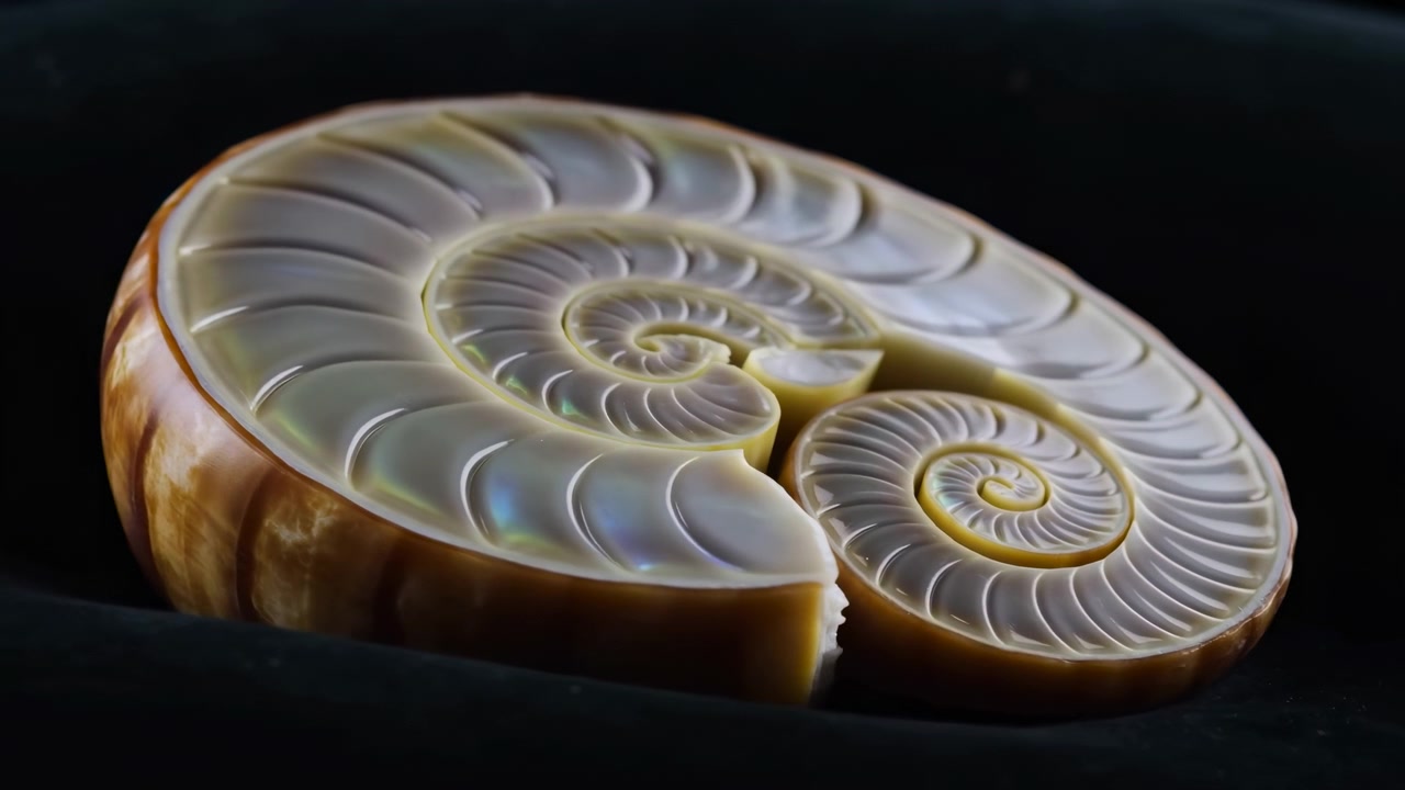 A centered polished ammonite fossil slice rests on a dark background, illuminated by soft directional light that reveals the spiral form, translucent interior
