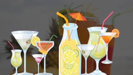 Animation-Von-Cocktailgläsern-über-Mehreren-Cocktails-Im-Hintergrund