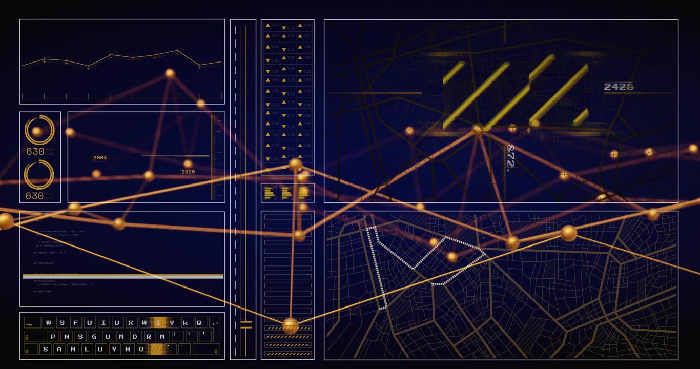 On data pulse golden node-edge network growing, shifting, updating charts, marking map for metrics