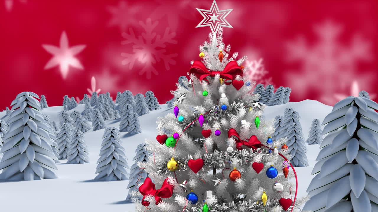 animación de árbol de navidad y nieve cayendo en el paisaje de invierno sobre fondo rojo