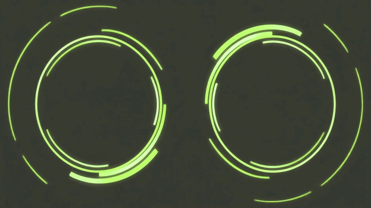 Abstract Green Glowing Circular HUD Elements Rotating on Dark Background