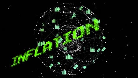 Animation-of-inflation-text-in-green-over-global-network-and-business-icons-processing-data