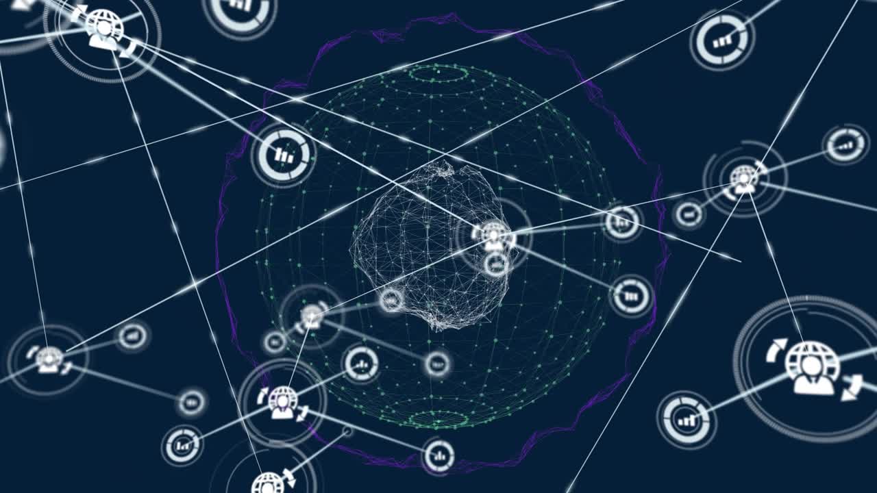 Animation af et netværk af digitale ikoner mod en roterende globus med forbindelsesnetværk