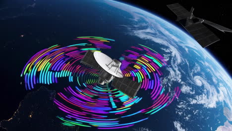 satellite transmitting colorful signals in earth orbit