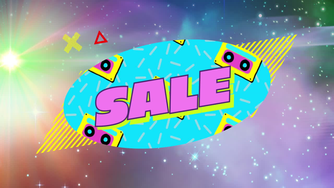 animación digital del texto de venta contra partículas abstractas coloridas y brillantes en el fondo