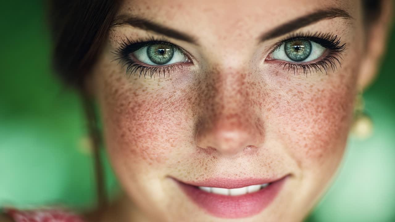 A Close-Up Portrait of a Young Woman with Freckles, Capturing Striking Blue-Green Eyes with a Beautiful Smile Against a Soft Green Background