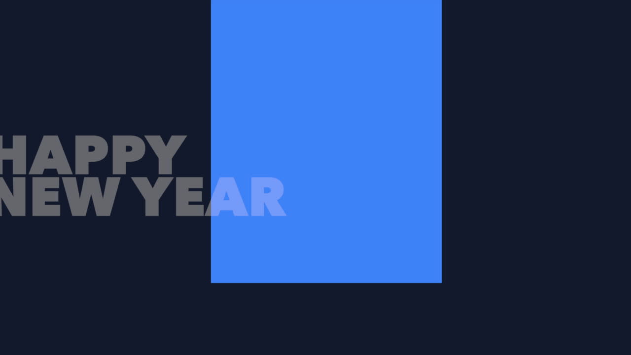 Modern Happy New Year text with blue geometric shape on black gradient