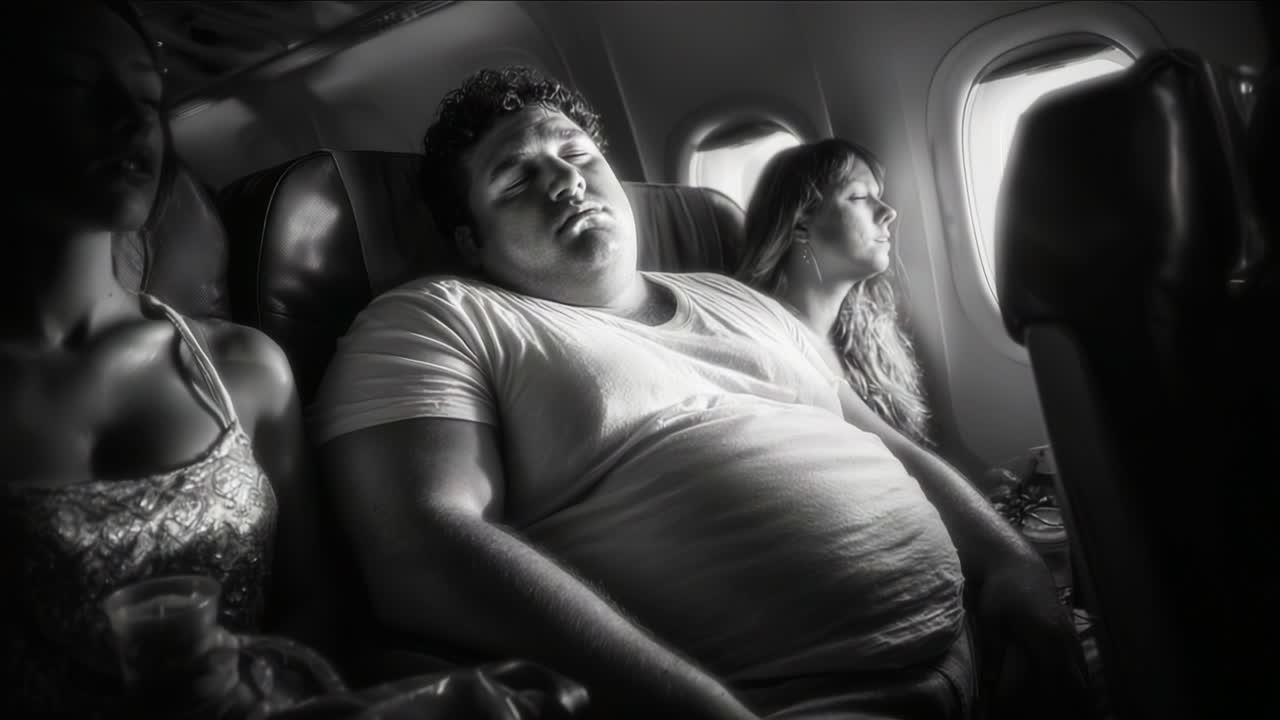 A Moment of Rest: Passengers Sleeping on an Airplane Captured in Black and White, Highlighting the Serenity and Intimacy of Travel Amidst the Clouds