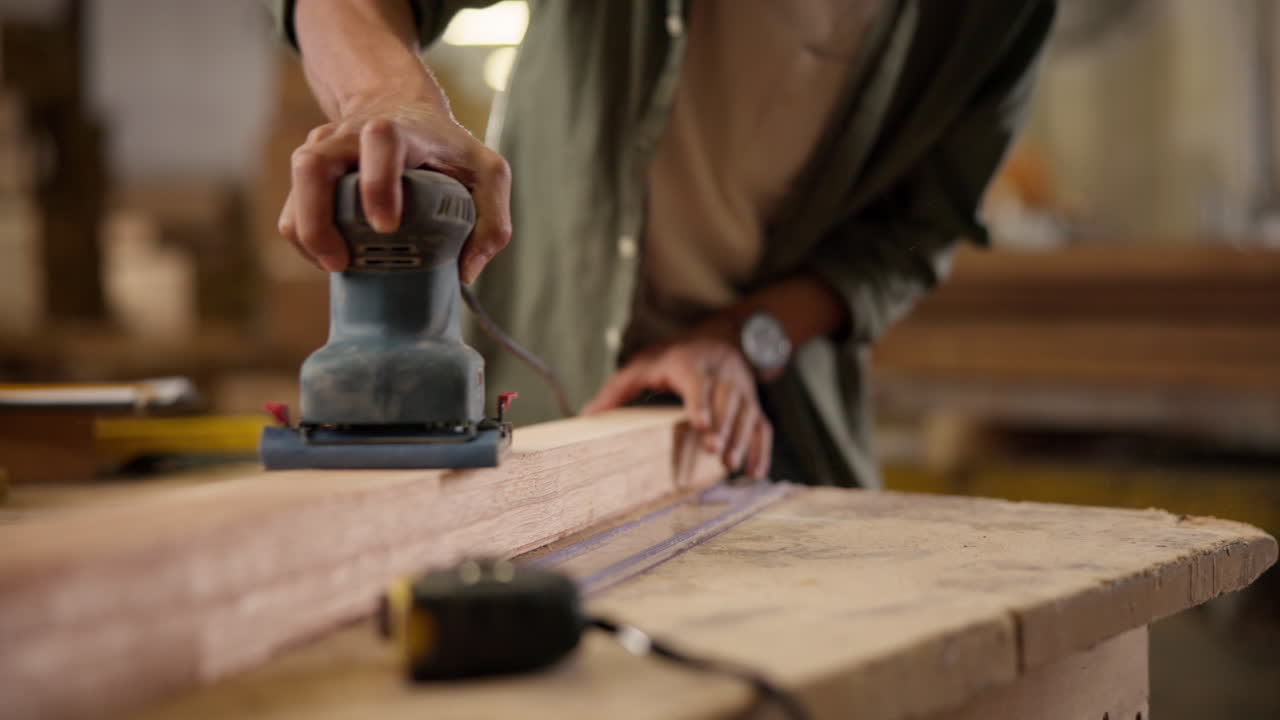 Craftsman sanding wood in a woodworking workshop