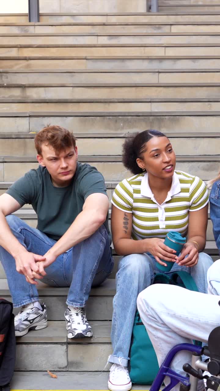 Grupo de estudiantes sentados en las escaleras hablando